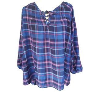 Pioneer Woman Blouse Flannel Pheasant Plaid Floral Embroidered Sleeves Size XXXL